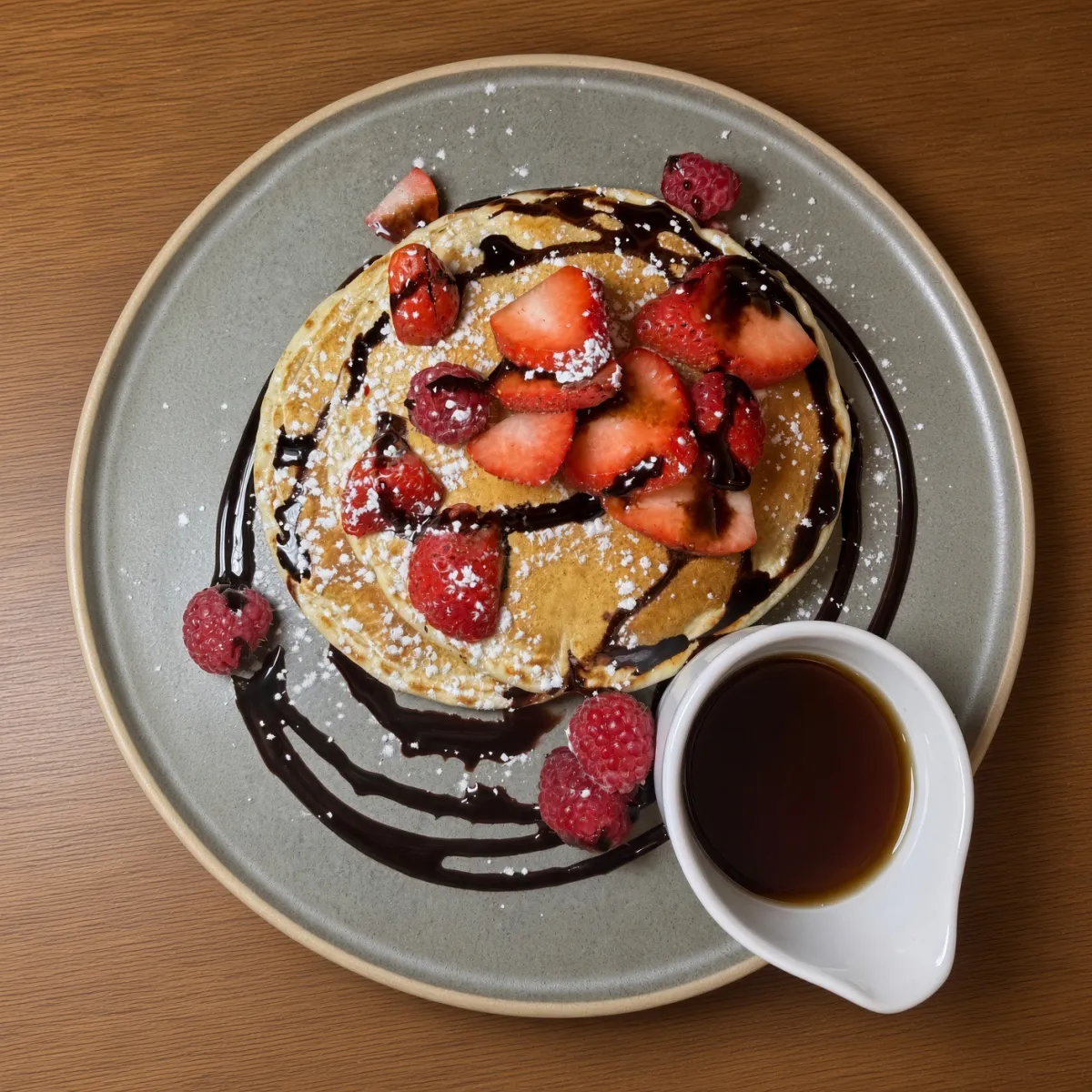 A stack of pancakes with berries and chocolate